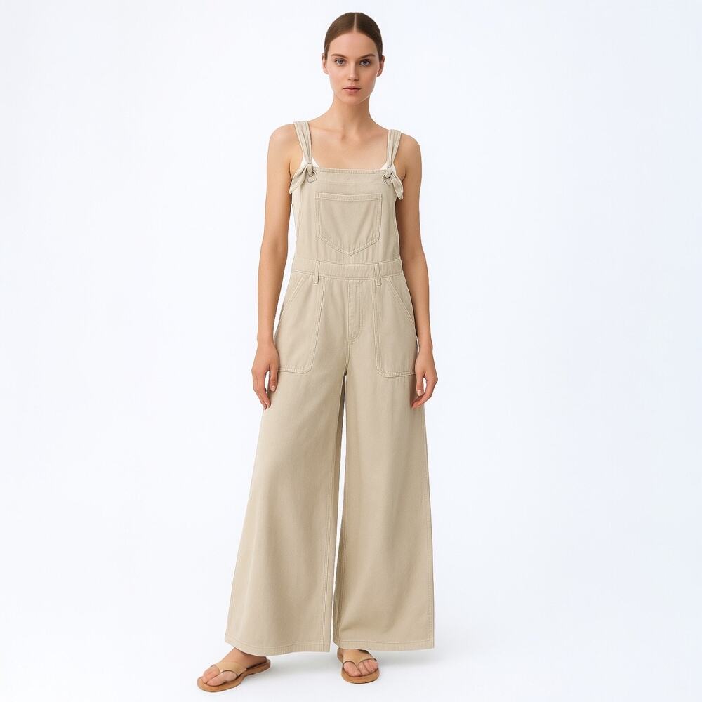 NEW Anthropologie Beige Sleeveless Baggy Wide Leg Palazzo Overall Jumpsuit Sz M